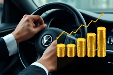 Chauffeur's hands on steering wheel with subtle income growth graphic