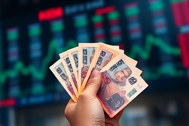 Hand holding Korean Won with stock market background