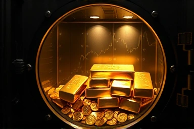 Gold bars and coins in a secure vault, symbolizing investment.