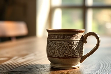 Handcrafted ceramic mug, artisan craftsmanship, detailed texture, natural light.