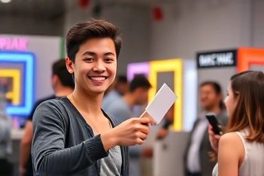 Friendly photo booth attendant assisting happy customers.