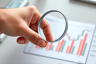 Magnifying glass over financial chart for investment analysis.