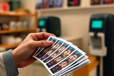 Hands arranging self-portrait photo strips in a modern booth.