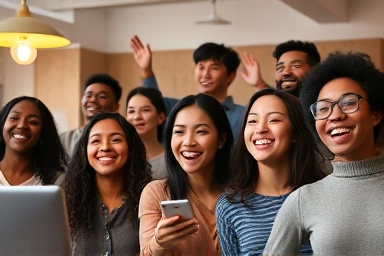 People engaging in a lively live-streaming session, showing success and enthusiasm.