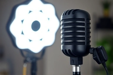 Professional equipment for live-streaming: microphone and ring light.