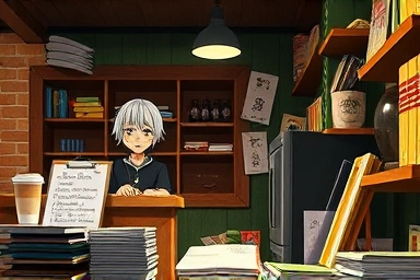 Tired comic book cafe worker overwhelmed by tasks