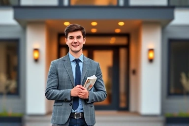 Young person in professional attire at model home entrance.
