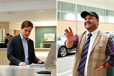 Contrast of busy information desk vs. organized parking guidance.