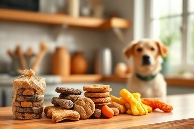 Healthy homemade pet treats arranged in a cozy kitchen.