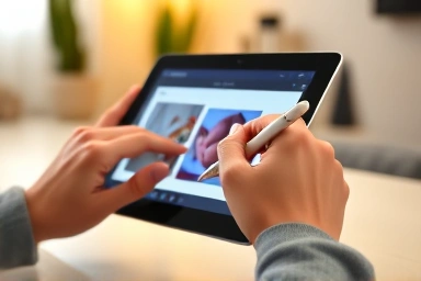 Hands editing a product photo on a tablet, home office setting.