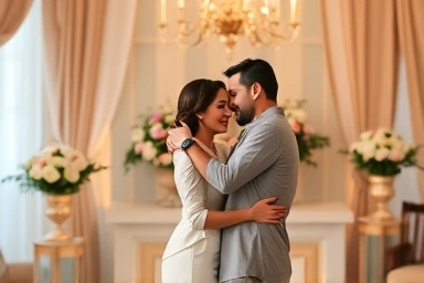 Couple celebrating successful proposal with emotional embrace