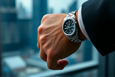 Hand wearing a Rolex watch against a city backdrop, representing investment.
