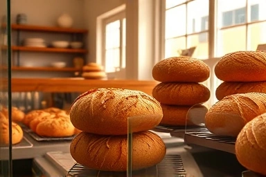 Cozy bakery with delicious salt bread display