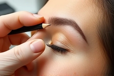 Expert hands performing a precise semi-permanent eyebrow procedure.