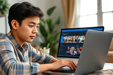 Young adult editing short-form videos on a laptop for income.