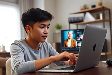 Person editing short-form videos on a laptop, creative workspace.