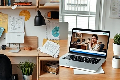 Before and after of a workspace, organized desk with finished video.