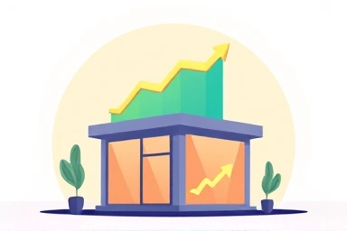 Modern small building with subtle financial growth illustration.