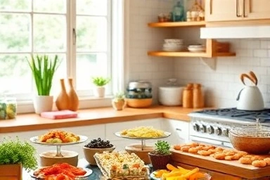 Homemade catering spread with colorful finger foods and platters.