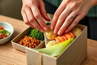 Hands meticulously packaging gourmet catering food box for delivery.