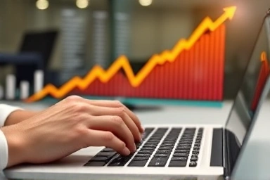 Hands typing code for automated stock trading success.