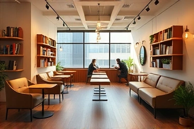 Modern study cafe interior, quiet and productive atmosphere