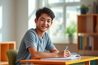 Student working productively in a quiet study environment.