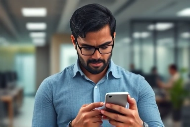 Office worker checking stock chart on phone during work break.