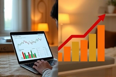 Person investing at home, symbolizing financial growth and profit.