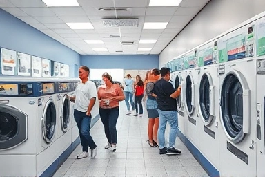 Modern self-service coin laundry with efficient machines and customers.