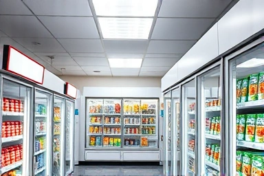 Modern unmanned meal kit store interior with organized refrigerators.