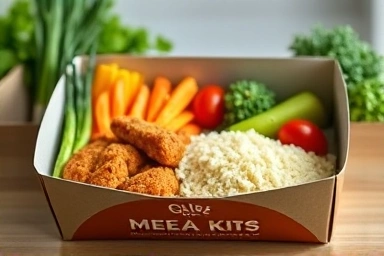 Appealing meal kit package with fresh ingredients, professional food photography.