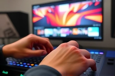 Professional video editor's hands on color grading controls.