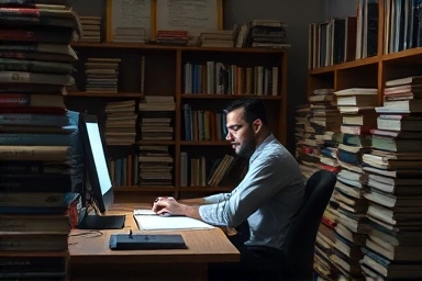 Writer focused on computer screen, surrounded by books and manuscripts.