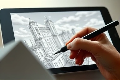 Artist sketching detailed webtoon background on tablet