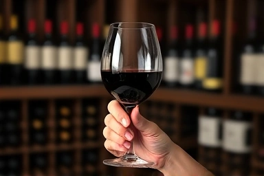 Hand holding glass of aged wine in cellar