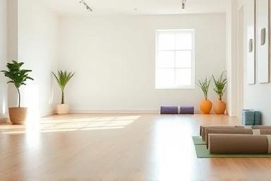 Serene yoga studio interior with natural light and minimalist decor.