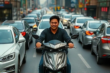 Commuter riding a 125cc scooter through Seoul traffic.