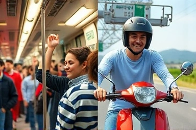 Contrast: stressful subway commute vs. enjoyable scooter ride.