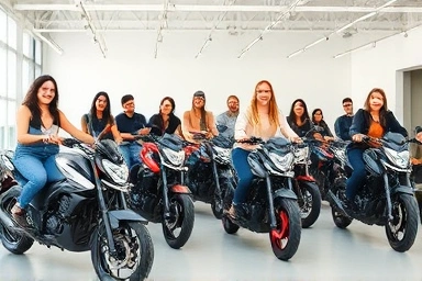 Beginner riders choosing 125cc manual motorcycles with expert guidance.