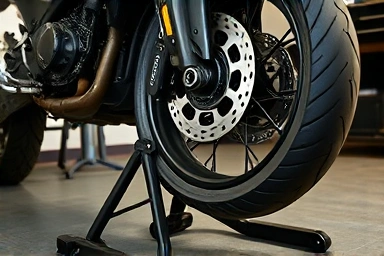 Motorcycle wheel lifted by stand with wheel chock