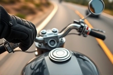 Custom cafe racer handlebars, rider's hand, motorcycle detail