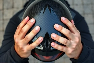 Rider adjusting lightweight carbon fiber motorcycle helmet.