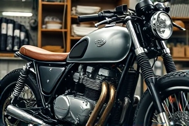 Motorcycle mechanic assembling custom cafe racer in workshop