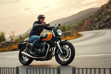 Rider enjoying a unique custom motorcycle on a scenic road