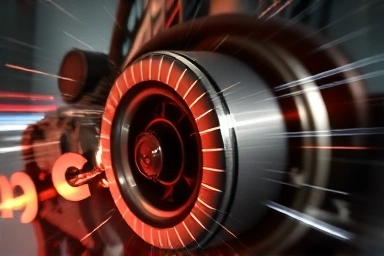 Abstract engine power visualization, high RPMs, dynamic light trails.