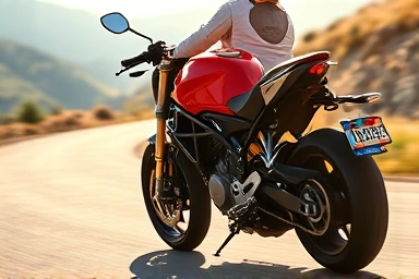 Ducati Monster 937 Plus motorcycle cornering on a scenic road