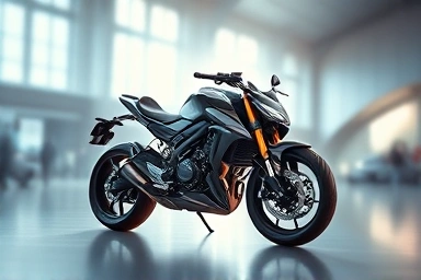 Futuristic electric motorcycle concept at a global expo.