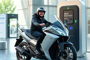 Electric motorcycle battery swap station, futuristic, convenient