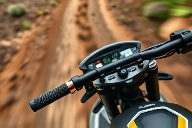 Enduro motorcycle handlebars with protective handguards on a muddy trail.